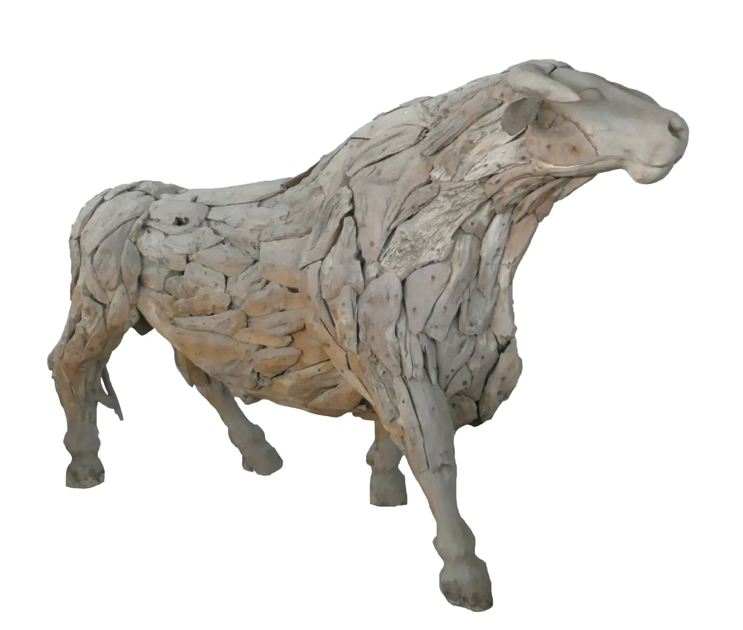  Product image 1 of the product “Standing Bull. Artistic made made from single teak wood pieces. The head is carved wood. The size is 255cm Length. ”